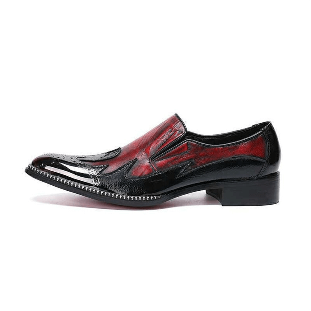 Stylish red and black leather slip-on loafers with rhinestone accents, perfect for casual fashion.