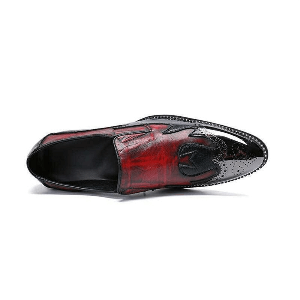 Casual red leather slip-on loafers with rhinestone border and iron toe, perfect for a stylish look.