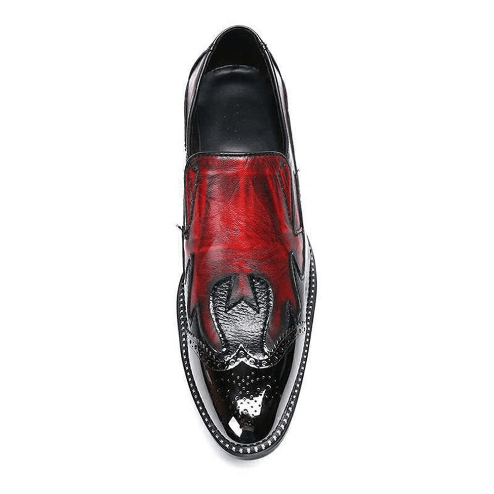 Men's casual red leather slip-on loafers with rhinestone border and iron toe design.
