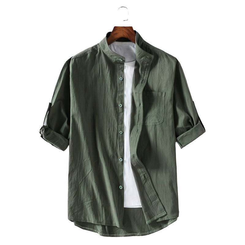 Casual slim fit men's long sleeve shirt in olive green, featuring a single-breasted design, perfect for relaxed outfits.