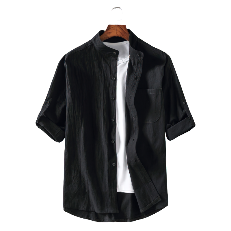 Casual slim fit men's black long sleeve shirt with single breasted design, perfect for relaxed outfits.
