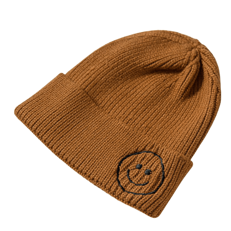 Casual smiley face knitted hat in warm brown color, perfect accessory for men and women.
