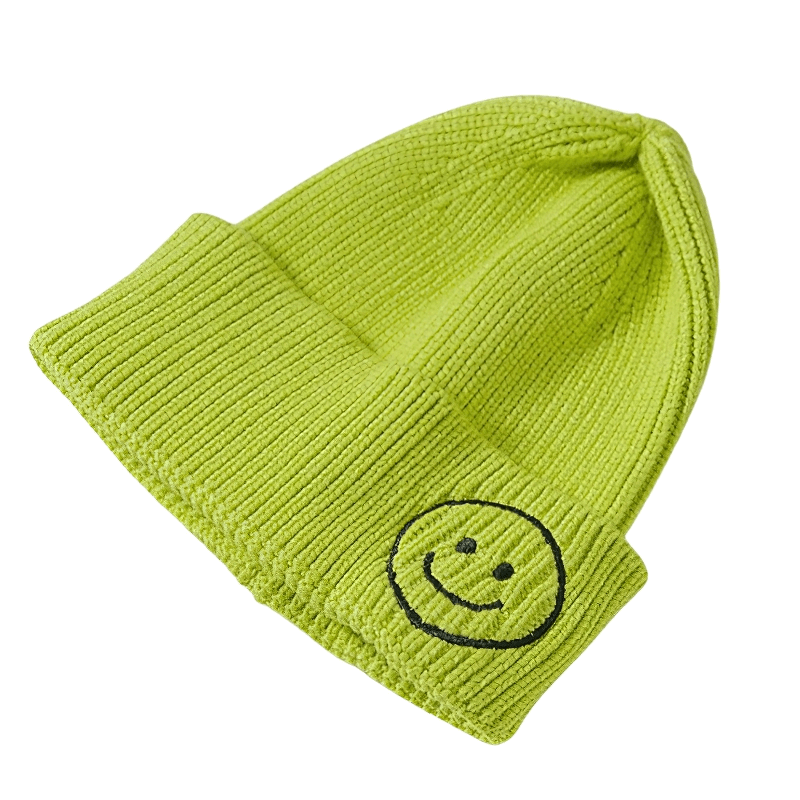 Bright green knitted hat with smiley face print, perfect casual accessory for men and women.
