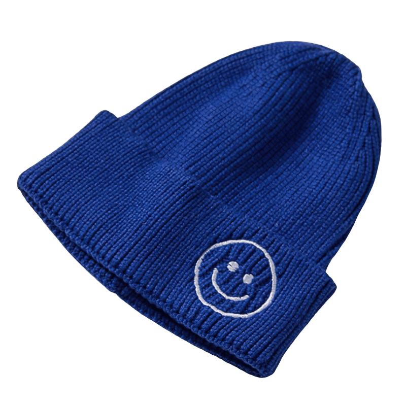 Casual unisex knitted hat in blue with a smiley face print, perfect for staying warm and stylish.