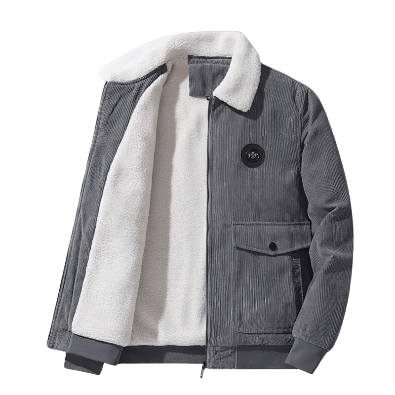 Men's gray corduroy jacket with cozy fur collar, perfect for casual style and warmth.