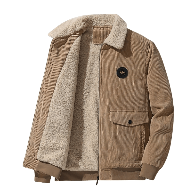 Men's casual corduroy jacket with fur collar, warm and stylish for casual outings and chilly days.