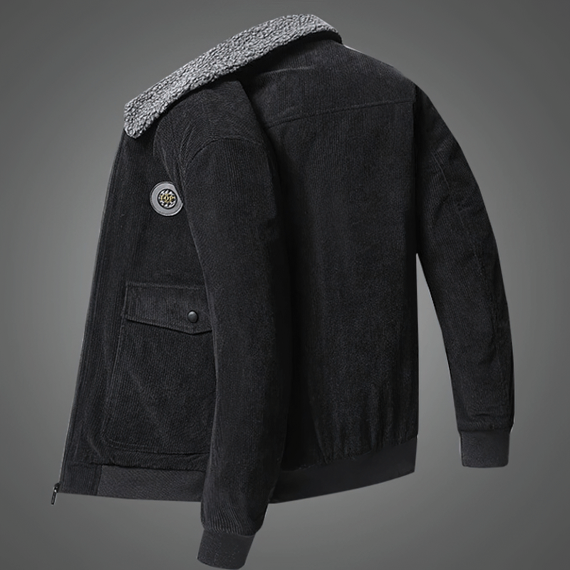 Men's casual solid color corduroy jacket with fur collar, featuring a stylish design and warm fabric for chilly days.