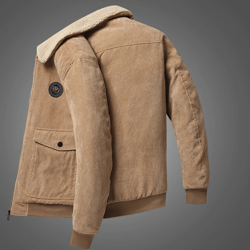 Men's casual solid color corduroy jacket with fur collar, perfect for warmth and style in any wardrobe.