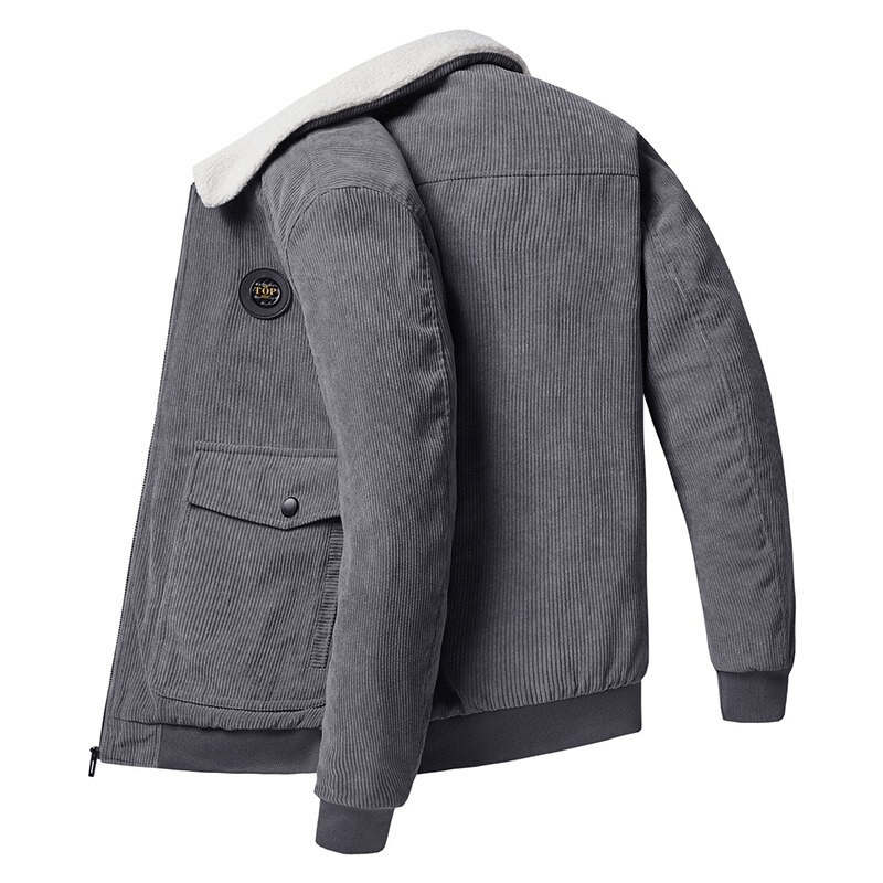 Men's casual gray corduroy jacket with fur collar, stylish and comfy for warm casual wear.