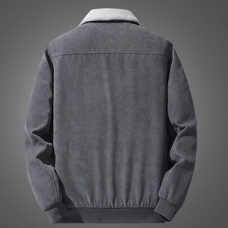 Back view of a men's casual corduroy jacket with fur collar, showcasing cozy styling and warm design.
