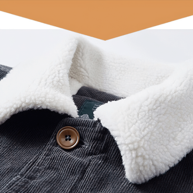Close-up of men's corduroy jacket with cozy fur collar and button detail, perfect for casual wear.