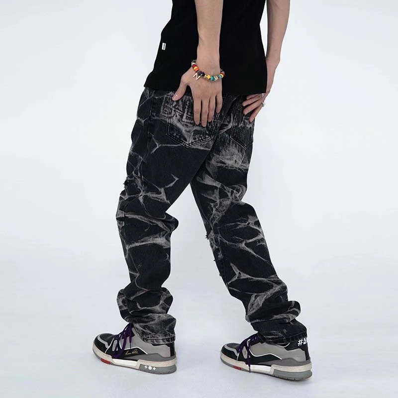 Casual Spotted Denim Male Pants / Ripped Loose Jeans for Men with Pockets