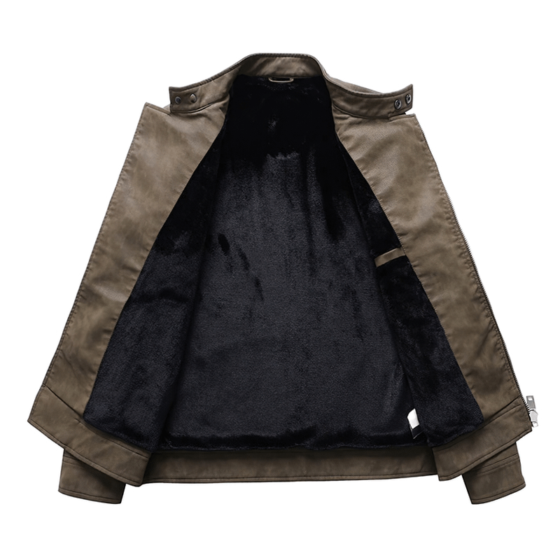 Inside view of a casual men's faux leather jacket with soft fleece lining, perfect for warmth and style.