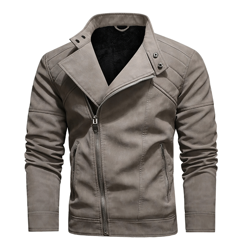 Men's vintage soft faux leather jacket with fleece lining in casual style, perfect for chilly days.