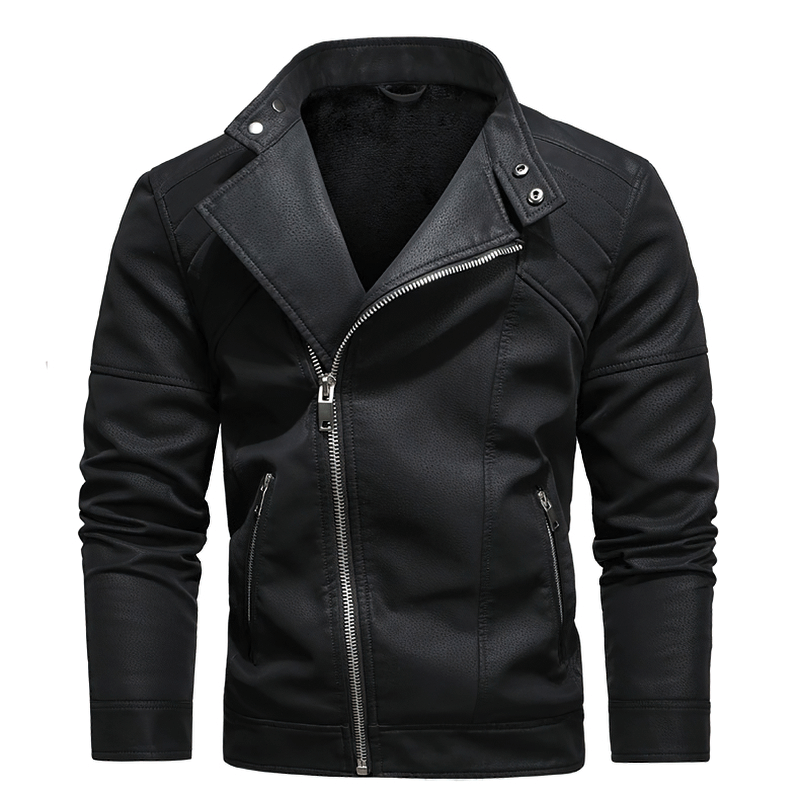 Stylish men's casual black faux leather motorcycle jacket with fleece lining and stand collar, perfect for a trendy wardrobe.