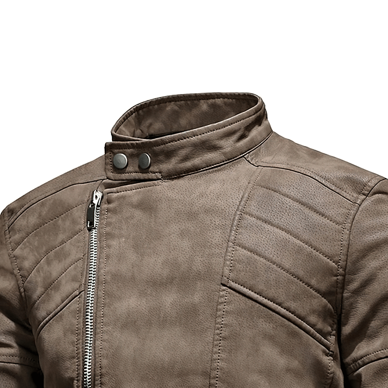Stylish men's vintage faux leather motorcycle jacket with stand collar and zipper, perfect for casual wear.