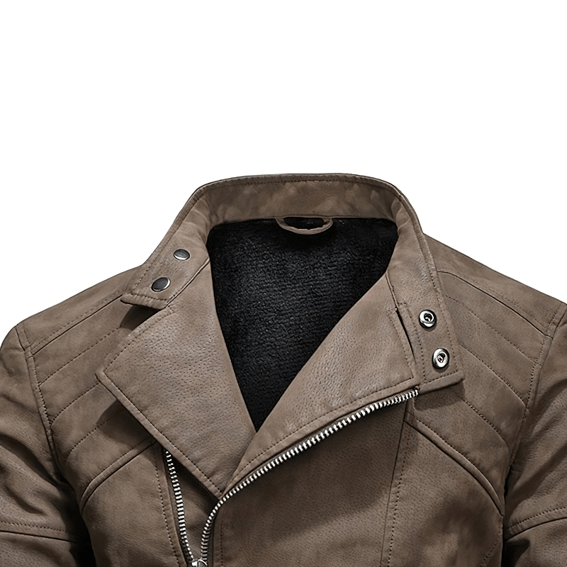 Men's soft faux leather jacket with fleece lining and stand collar, perfect for casual outings and style.