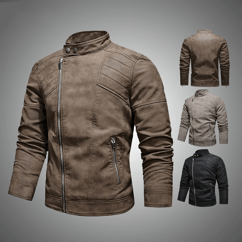 Casual men's stand collar faux leather jacket with fleece lining, available in brown and black, stylish for a casual wardrobe.