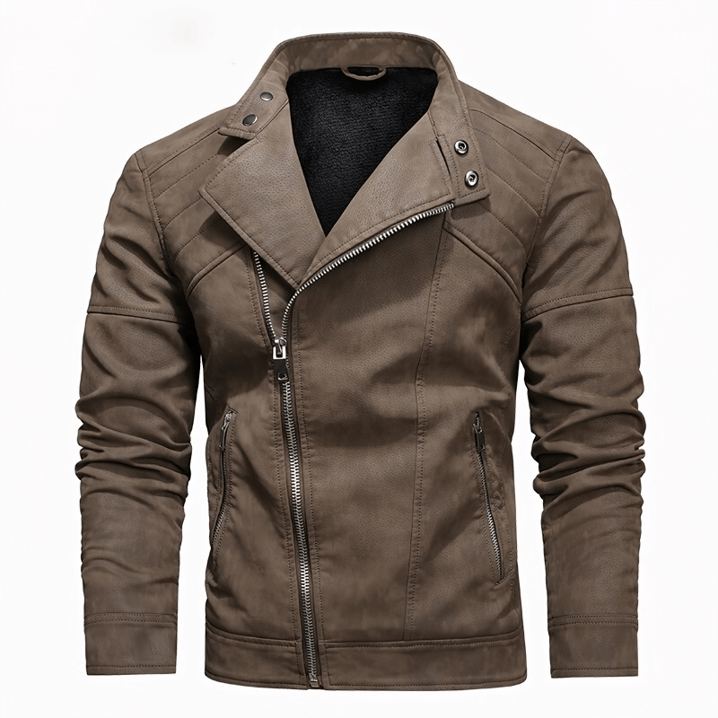 Men's casual faux leather jacket in brown with fleece lining and stylish stand collar.