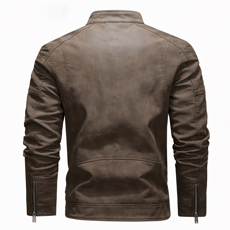 Back view of a casual men's faux leather fleece jacket in stylish vintage brown.
