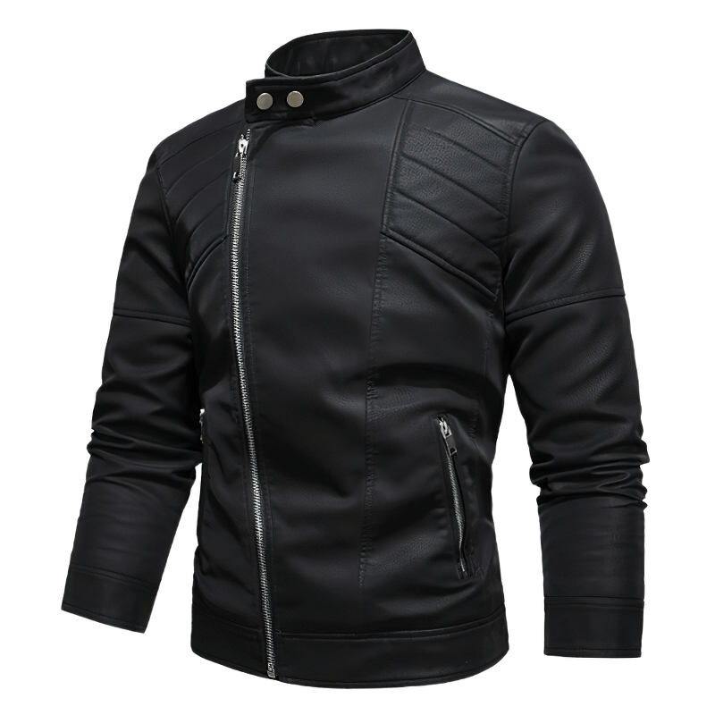 Casual men's black faux leather motorcycle jacket with stand collar and zipper pockets.