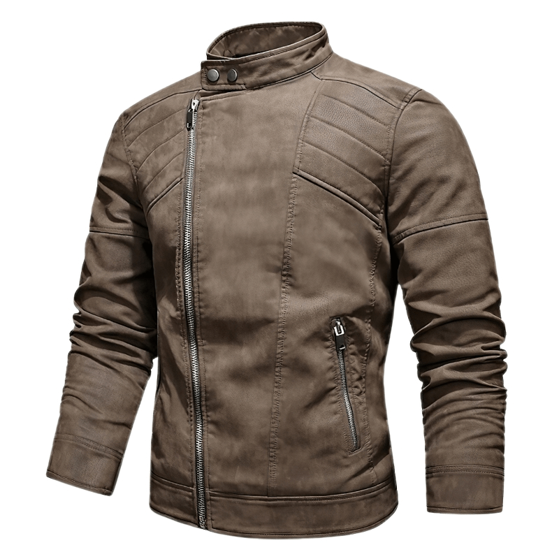 Men's casual stand collar faux leather jacket in brown with zip closure and fleece lining for warmth.