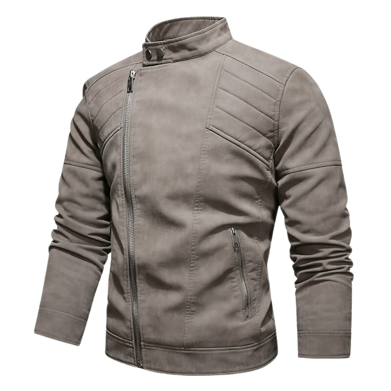 Stylish men's casual stand collar fleece jacket in soft faux leather, perfect for elevating your wardrobe.