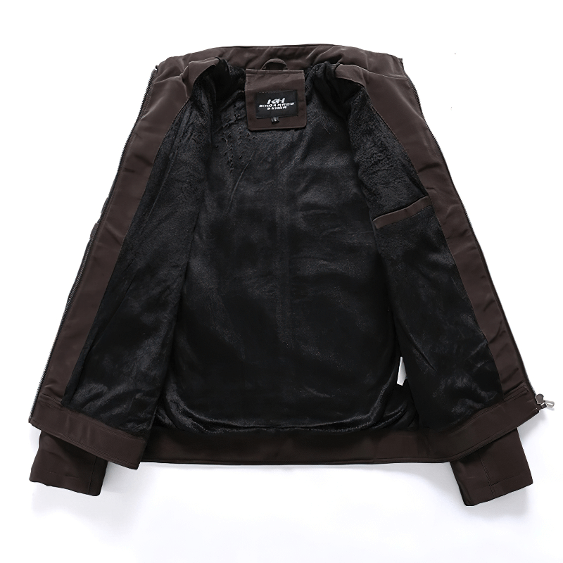 Inside view of a men's PU leather motorcycle jacket with soft lining and multi-pocket design.