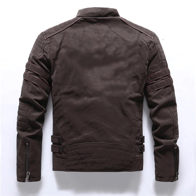 Back view of a men's brown PU leather motorcycle jacket with multi-pocket and zipper details.