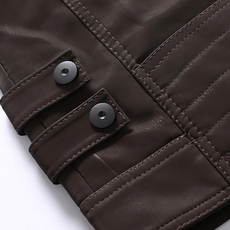 Close-up of brown PU leather motorcycle jacket showing stylish buttons and stitching details.