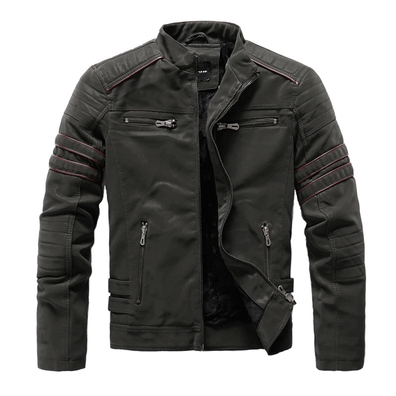Men's stand collar PU leather motorcycle jacket with multi-pocket design, stylish and trendy with zipper closures.