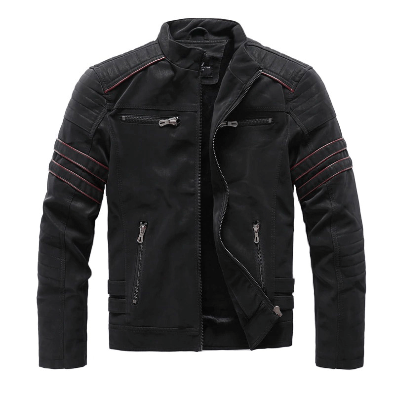 Casual Stand Collar PU Leather Motorcycle Jacket / Fashion Men's Zipper Clothing with Multi-Pockets