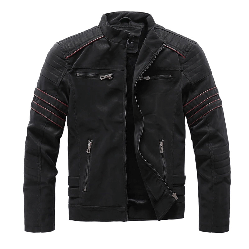 Men's PU leather motorcycle jacket with multi-pockets and stylish design, perfect for trendy looks.