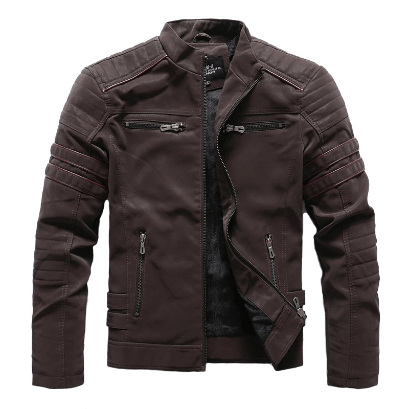 Men's brown PU leather motorcycle jacket with multi-pockets and stylish design. Perfect for a trendy look!