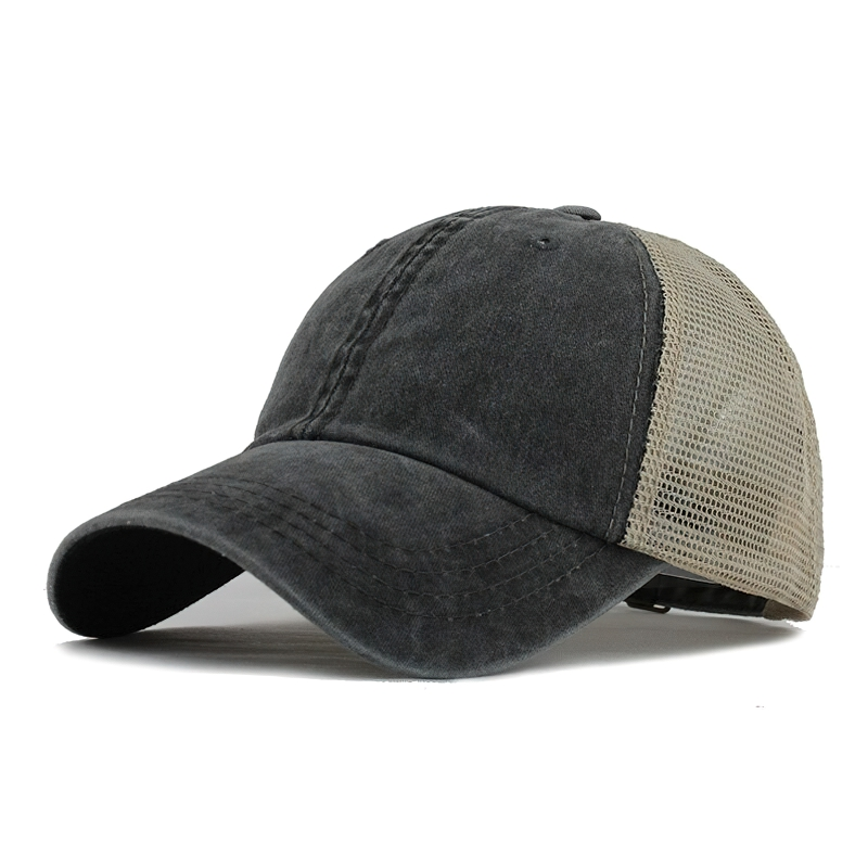 Stylish unisex cotton baseball cap in black with mesh, perfect for casual outfits and sun protection.