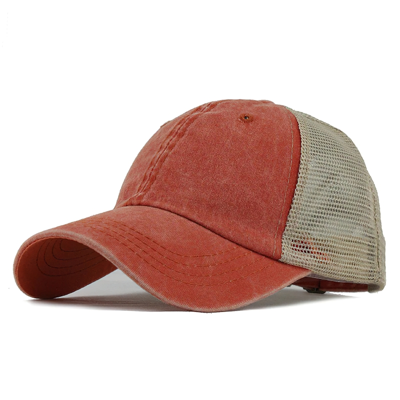 Stylish unisex casual baseball cap in faded red with beige mesh back, perfect for sun protection and trendy outfits.