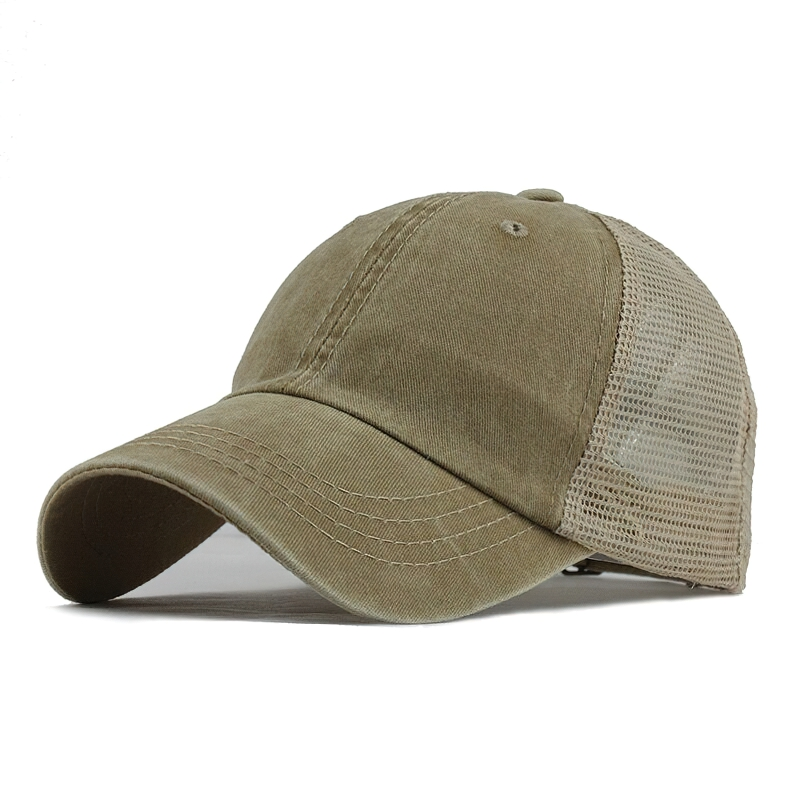 Stylish unisex cotton baseball cap in khaki with a mesh back, perfect for casual outings and outdoor sun protection.