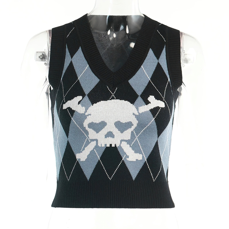 Casual Vest With Skull Print For Women / Copped Clothing Of V-Neck And Sleeveless - HARD'N'HEAVY