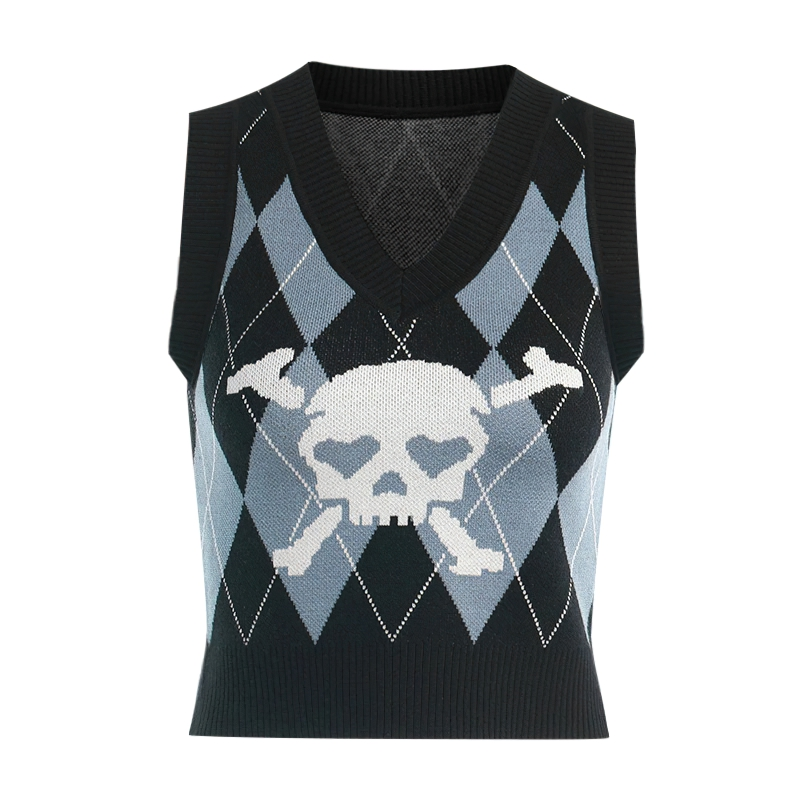 Casual Vest With Skull Print For Women / Copped Clothing Of V-Neck And Sleeveless - HARD'N'HEAVY