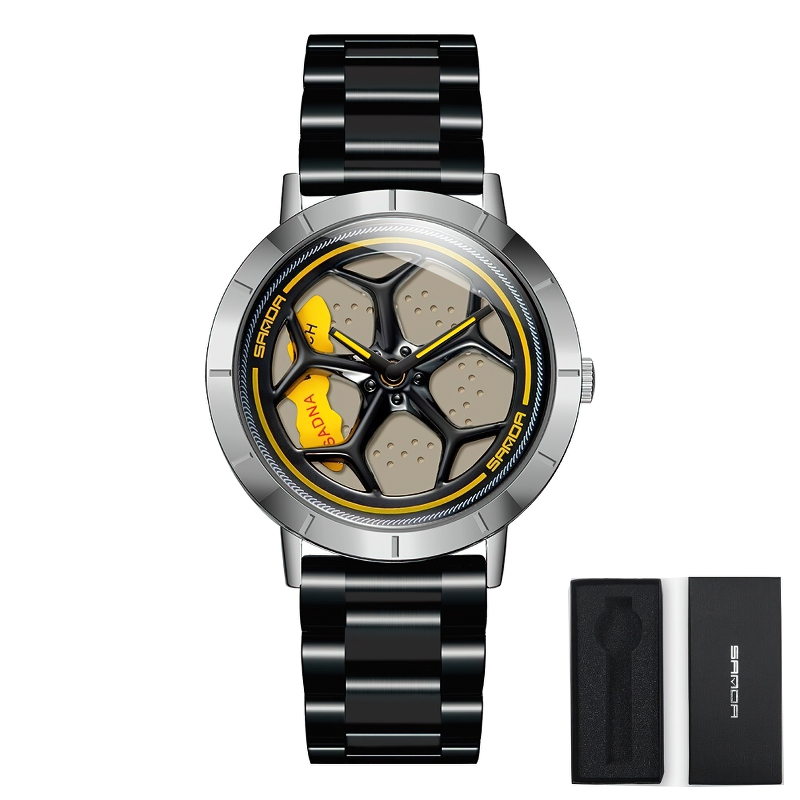 Men's casual waterproof analog watch featuring a unique rotating roulette dial in a sleek black design.