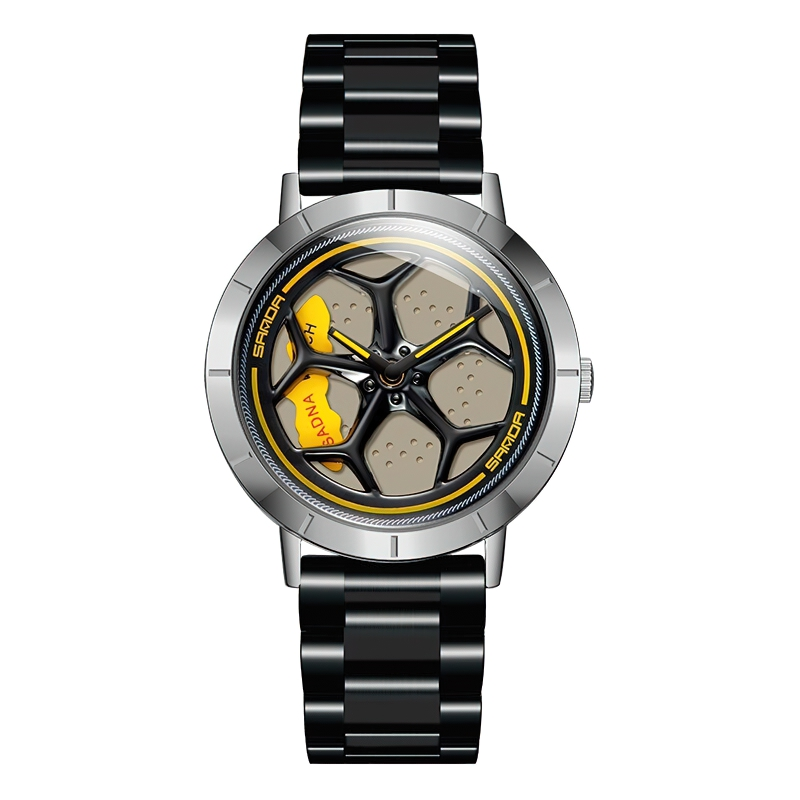 Men's casual waterproof analog watch with rotating roulette dial, stylish black band and unique design.