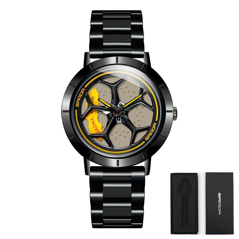 Men's casual waterproof analog watch with rotating roulette dial, stylish quartz accessory in black and yellow.
