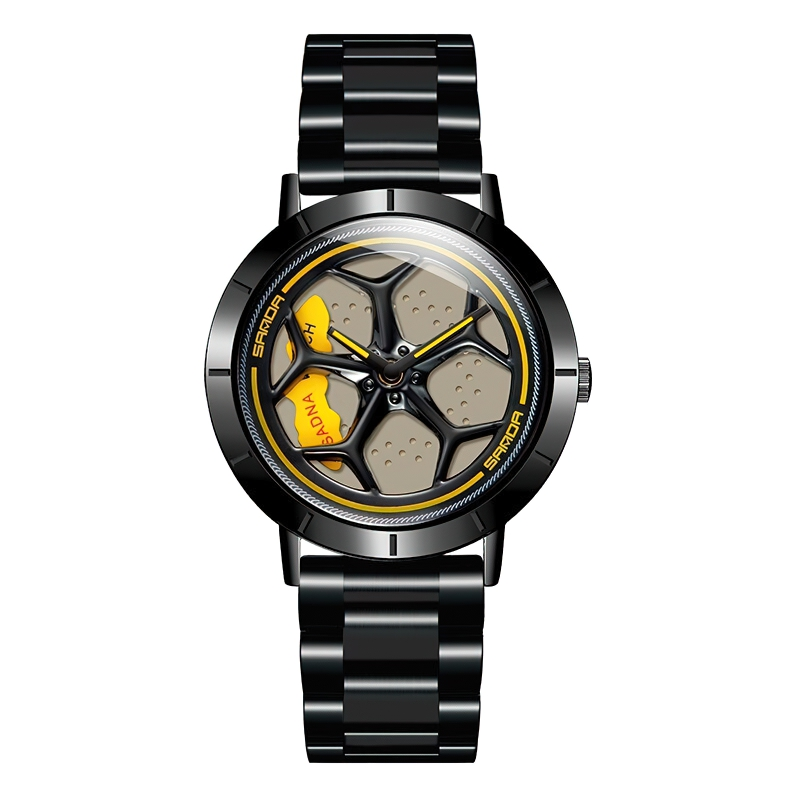 Men's casual waterproof analog watch with a rotating roulette dial in stylish black and yellow design.