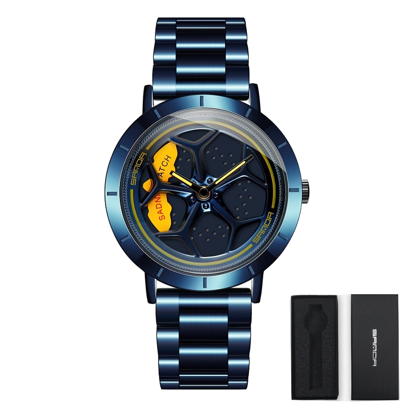Men's casual waterproof analog watch with rotating roulette dial in blue, stylish accessory for any occasion.