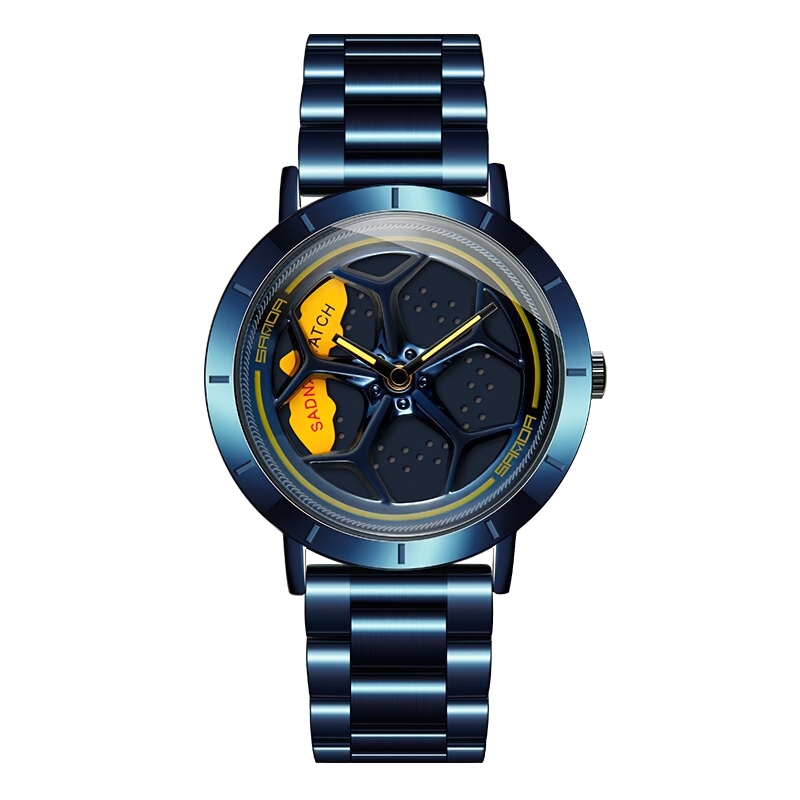 Men's casual waterproof analog watch with rotating roulette dial, stylish blue design and durable band.