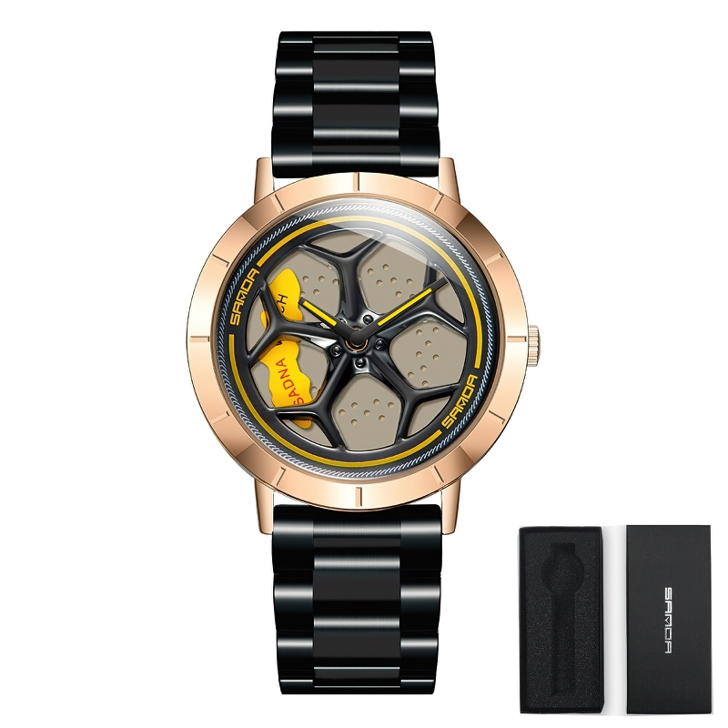 Men's casual waterproof analog watch with rotating roulette dial and black strap, stylish accessory for any look.
