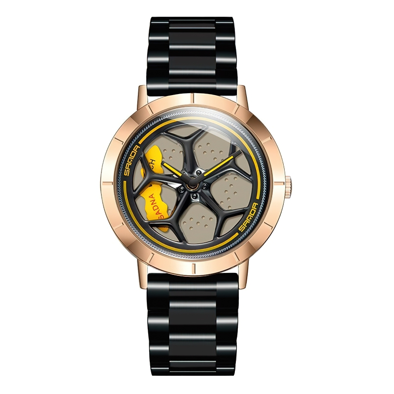Stylish men's waterproof analog watch with rotating roulette dial in black and gold, perfect casual accessory.