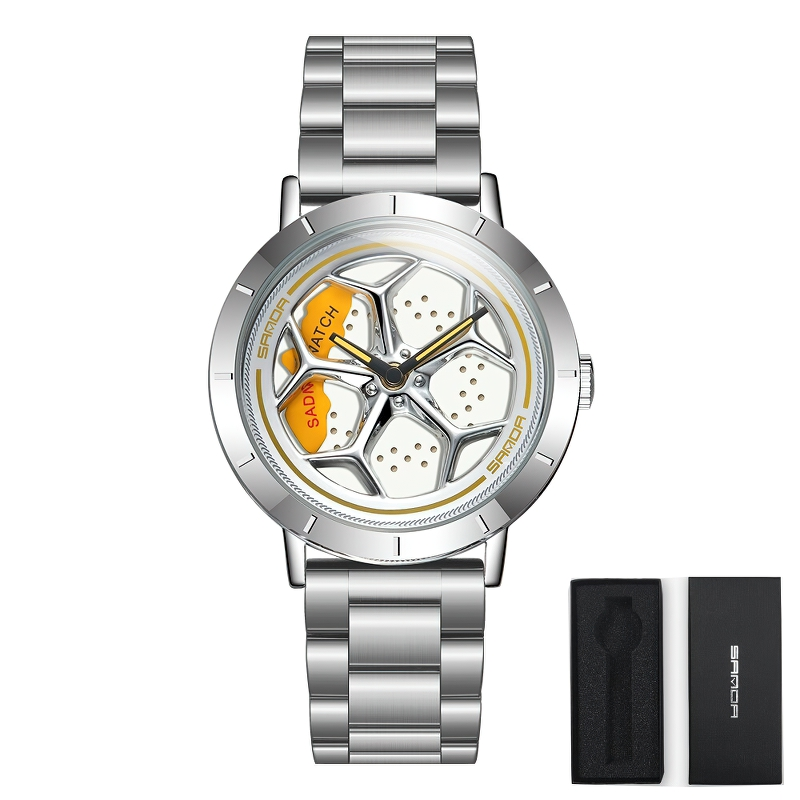 Trendy men's waterproof analog watch with rotating roulette dial, stylish casual accessory with silver bracelet.