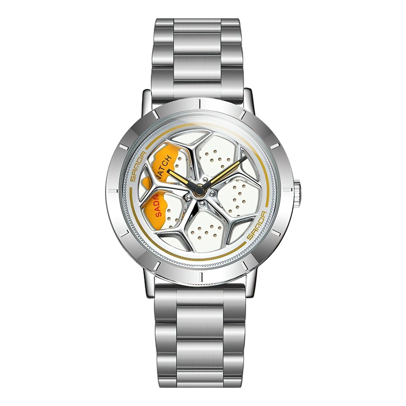 Men's casual waterproof analog watch with rotating roulette dial and stainless steel strap.
