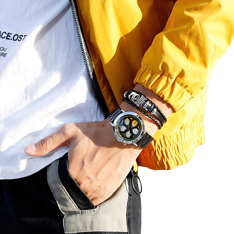 Men's casual waterproof analog watch with rotating roulette dial, stylishly worn with a yellow jacket.